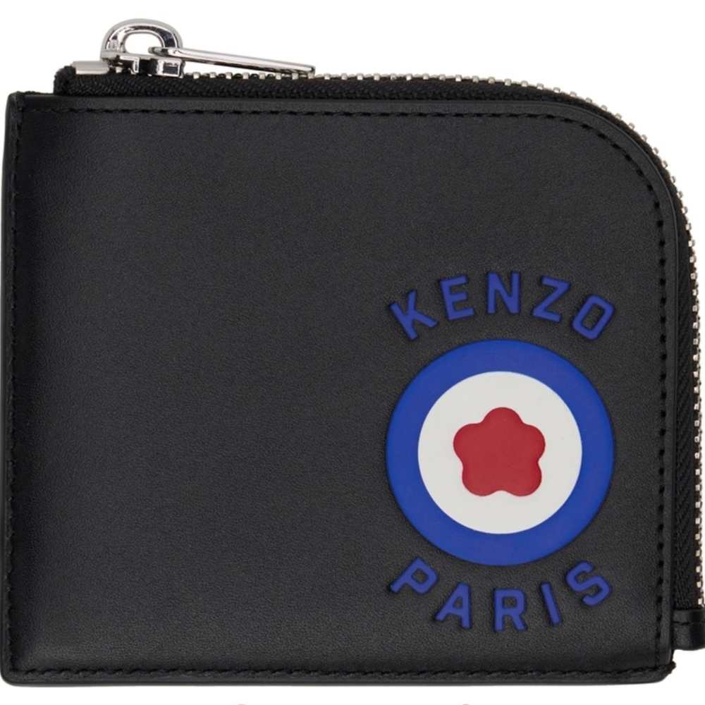KENZO Paris black buffed leather zipper wallet card holder